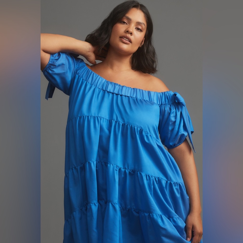 ✨ Anthropologie Off-The-Shoulder Tiered High-Low Midi Dress Sz S - Picture 7 of 8